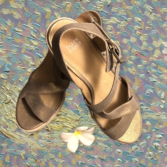 NWOT 👡 EILEEN FISHER Beckon Suede Jute Espadrille Wedge Sandals Bronze Metallic - Picture 9 of 15